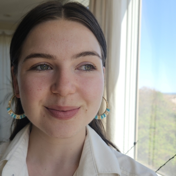 Beaded Hoop Earrings Blue & White Miyuki Rice Beads - Picture 11 of 13